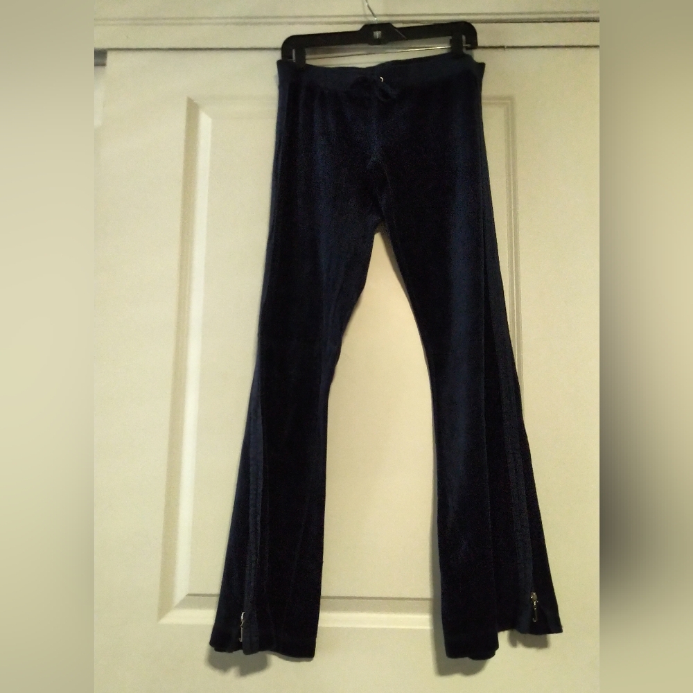 Y2K Vintage Juicy Couture Navy Velvet Velour Wide Leg Flare Pants -M